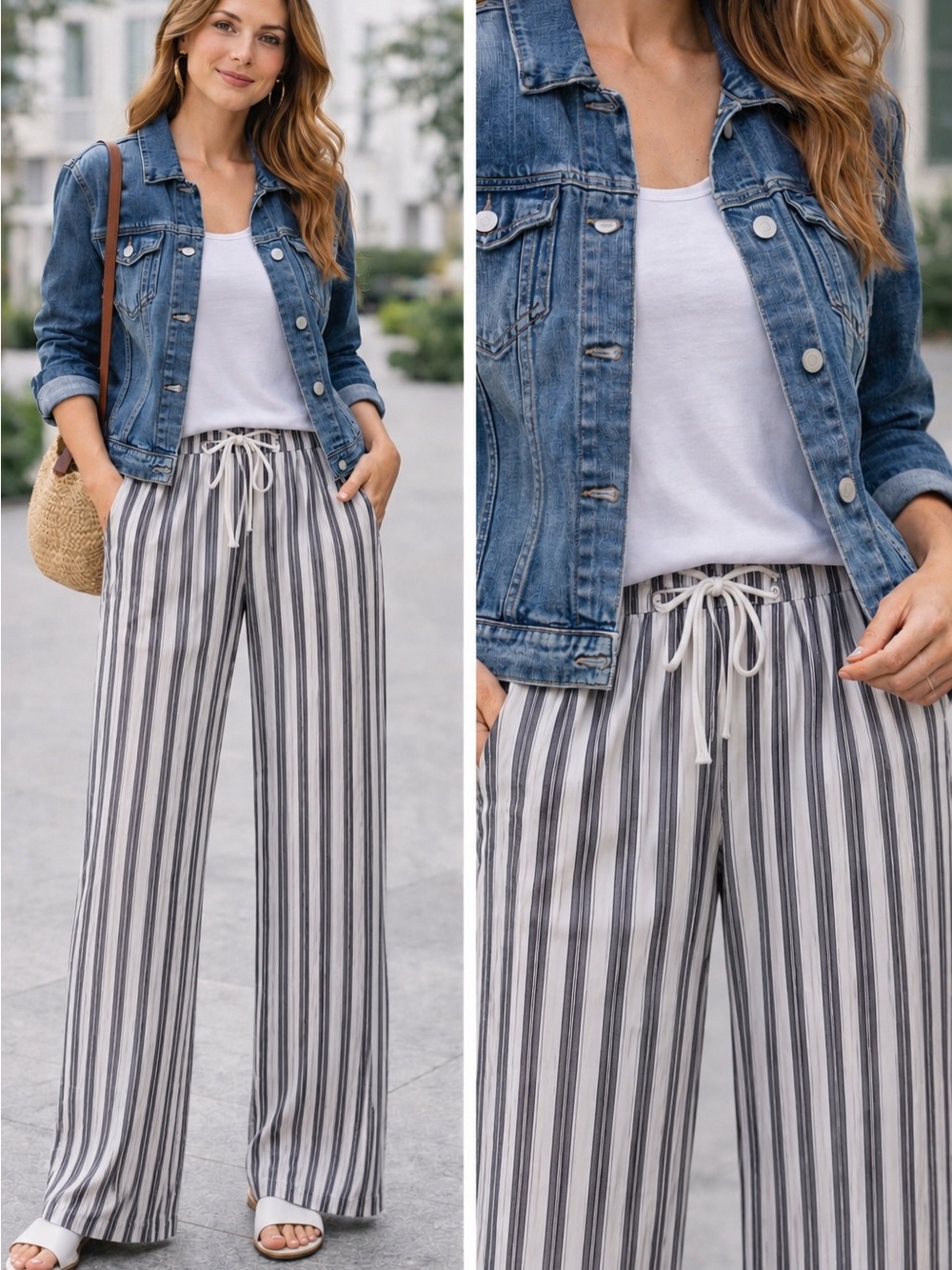 Striped Wide-Leg Drawstring Pants